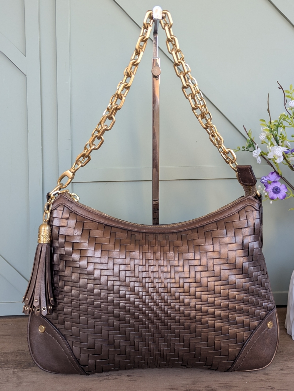 Cole Haan Bronze Woven Leather Shoulder Bag with Gold Chain - Picture 2 of 14